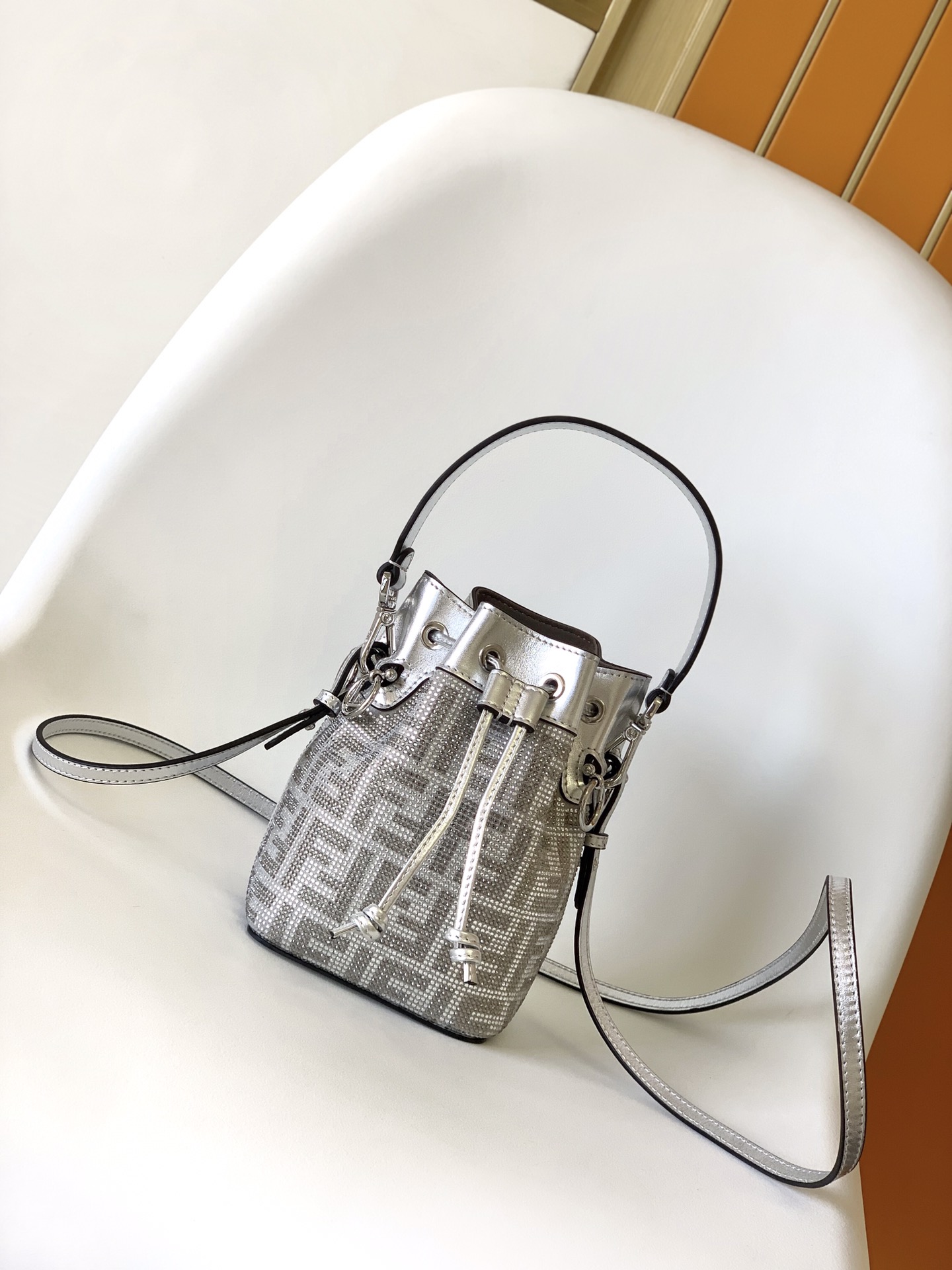 Fendi Mini Mon Tresor FF Fabric Shoulder Bag Silver